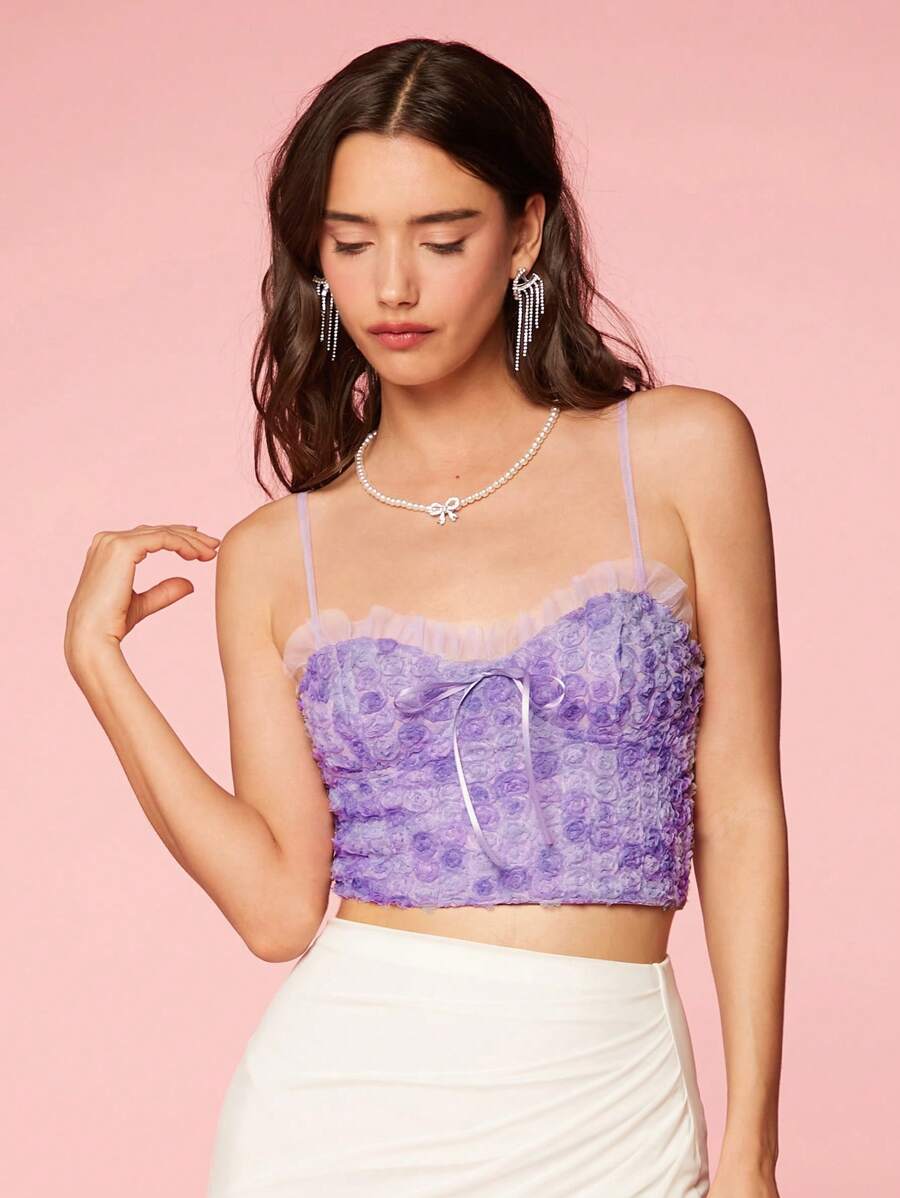 Enchnt Women's Fashionable Solid Color Lace Trimmed Camisole Top - Mauve Purple - View 1