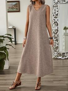 EMERY ROSE Linen Summer Women's Sleeveless Dress - Khaki - View 3