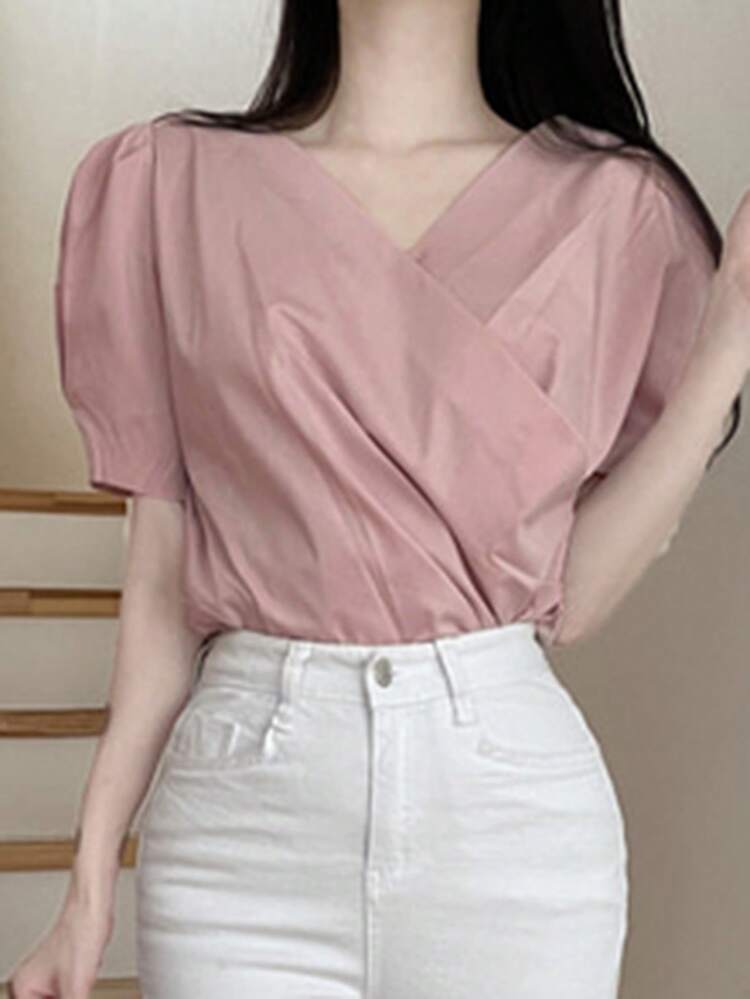 Women's Summer Casual Solid Color Puff Sleeve Wrap Shirt