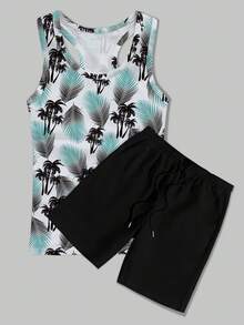 Conjunto de pantalones cortos y camiseta de tirantes para hombre con estampado de hojas para usar a diario en primavera y verano. - Multicolor - Ver 4