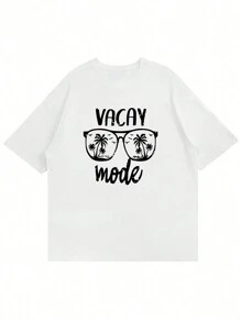 男士休闲字母与眼镜图案圆领短袖 T 恤，夏季 - 白色 - 查看 3