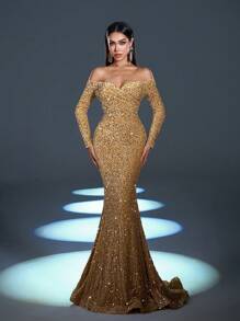 Faeriesty Đầm dạ hội trễ vai đính sequin viền đuôi cá - Rượu sâm banh - Xem 6
