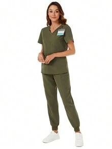 V領口袋上衣和有肋口袖子長褲護士制服套裝，護士衣套裝 - 軍綠色 - 查看 4