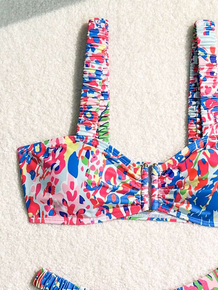 Women's Vacation Plant Print Ruffle Sexy Bikini Set With Separated Swimming Suit, Random Print Summer