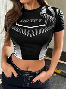 SHEIN ICON Y2k夏季條紋和字母印花短袖黑色短款修身t卹 - 黑與白 - 查看 1