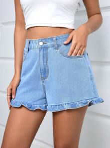 SHEIN Essnce Women's Simple Lace Design Casual Denim Shorts For Summer