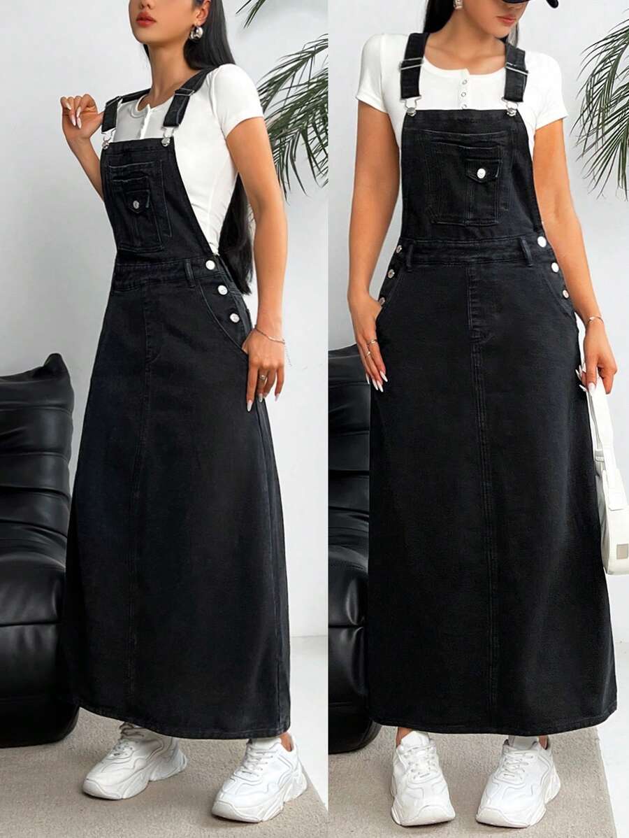 SHEIN EZwear 女士時尚純色休閒牛仔裙 - 黑色 - 查看 1