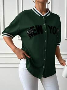 EURMUSE 字母圖案條紋飾邊落肩袖棒球球衣 - 墨綠色 - 查看 3