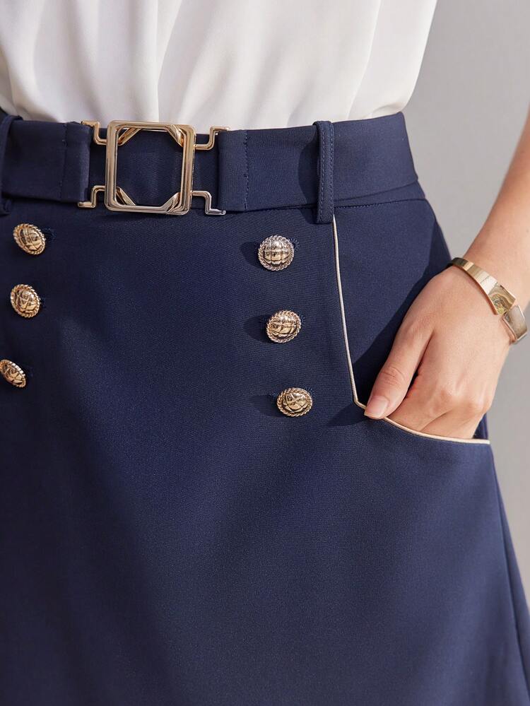 SOLID GOLD BUTTON DETAIL CONTRAST PIPING BELTED SKIRT