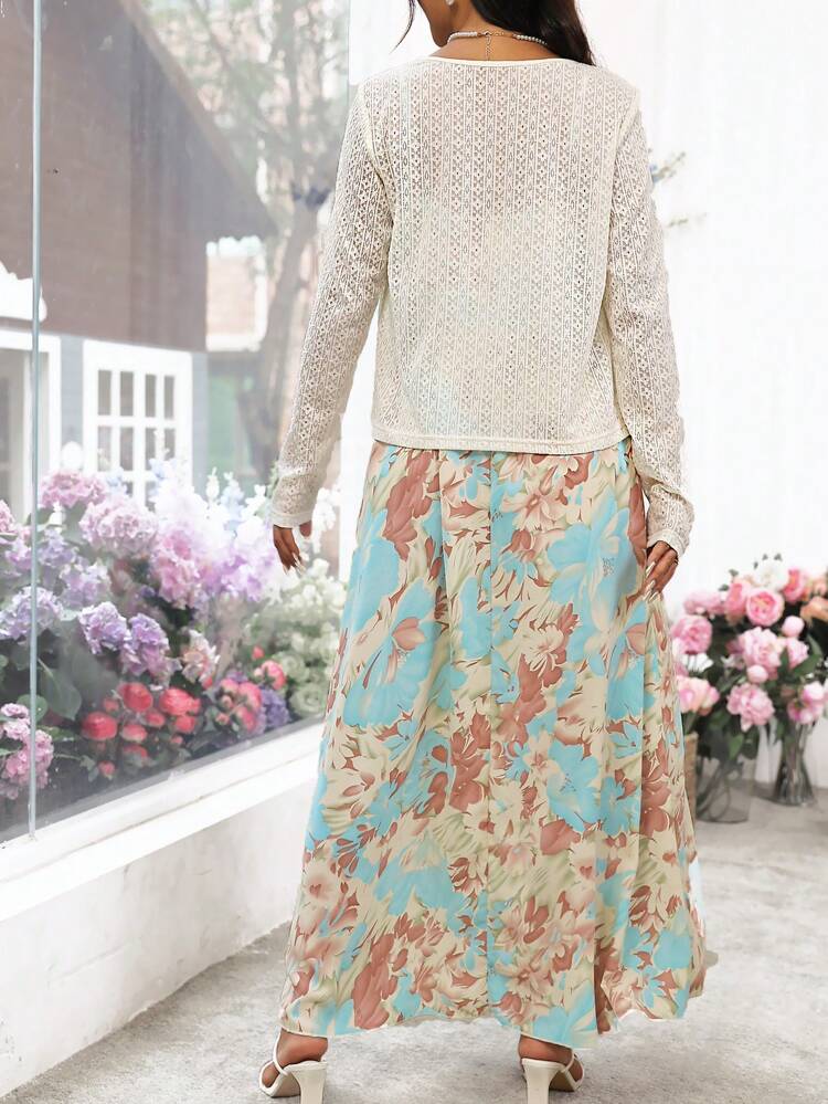 Women's Spring/Summer Set: Solid Color Long Sleeve Top With Front Tie And Floral Print Spaghetti Strap Dress, Ideal For Vacation