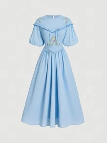 SHEIN MOD 夏季长款蓝色连衣裙，复古印花，荷叶边下摆，短袖 - 藍色 - 查看 1