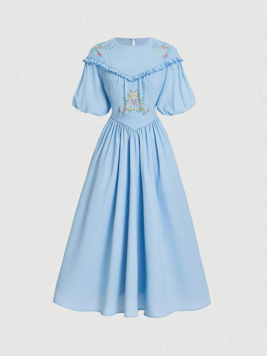 SHEIN MOD 夏季长款蓝色连衣裙，复古印花，荷叶边下摆，短袖 - 藍色 - 查看 1