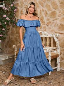 SHEIN VCAY Women's Blue Summer Dress, Festival Clothing, Long Dress For Country Music Concert, Tall Women's Summer Dress With Ruffle Design, Lovely Casual Long Dress With Ruffle Hem And Ruffle Design, Casual Fit, Perfect For Vacation, In Blue