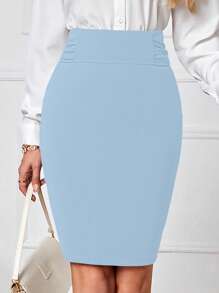 EMERY ROSE 女式高腰流行休閒中長裙，合身傘裙樣式 - 淺藍色 - 查看 1