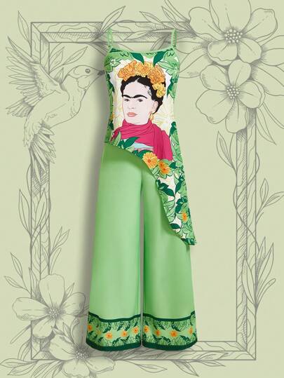 Frida Kahlo X SHEIN 2pcs/Set Floral & Human Portrait Asymmetrical Hem Camisole Top And Wide Leg Pants Set, Summer Holiday