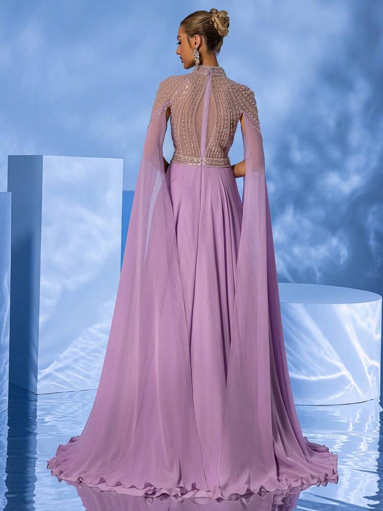 YISIKADO Women's Turtleneck Beaded Cape Sleeve High-End Luxurious Sexy Elegant Formal Evening Party Dress Long Sleeve Prom Wedding Guest Gown, For Graduation, Dinner