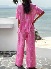 INAWLY Ladies' Vacation Casual 2pcs Random Printed Short-Sleeved Shirt And Long Pants Set - Watermelon Pink - View 2