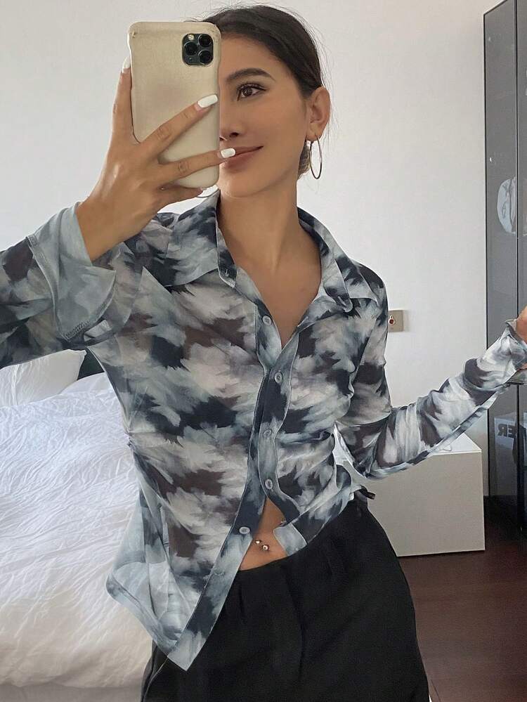 Floral Print Long Sleeve Turn-Down Collar Pleated Women's Shirt Sheer