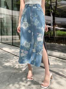 DAZY Váy denim xẻ tà bên hông in hoa thông thường mùa hè dành cho nữ - Rửa nhẹ - Xem 7