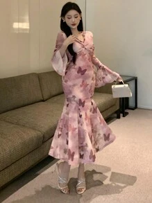 DAZY 女士夏季优雅雪纺蝴蝶印花扭曲 V 领喇叭袖美人鱼礼服舞会礼服 - 粉色 - 查看 8