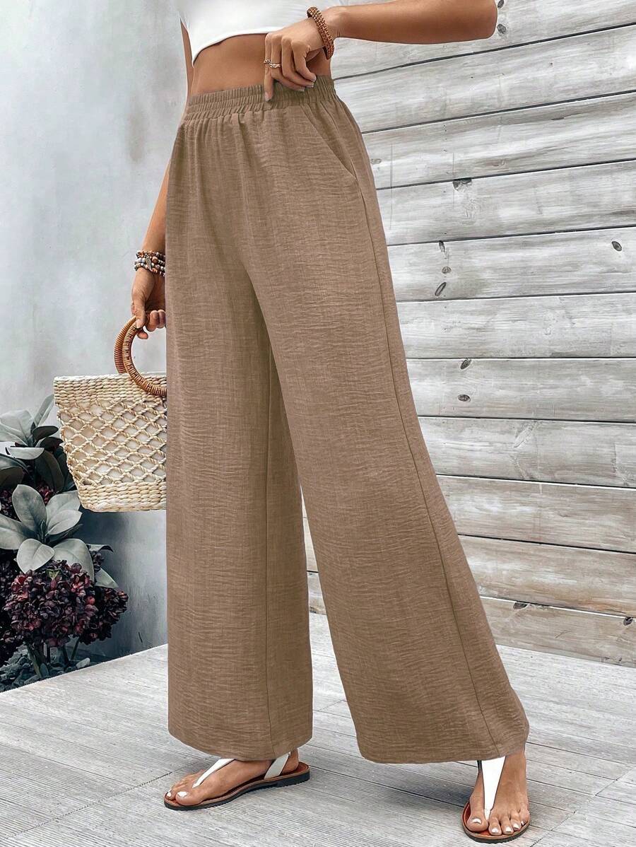 EMERY ROSE Quần ống rộng lưng thun màu trơn có túi để mặc thường ngày cho nữ - Màu Khaki - Xem 1