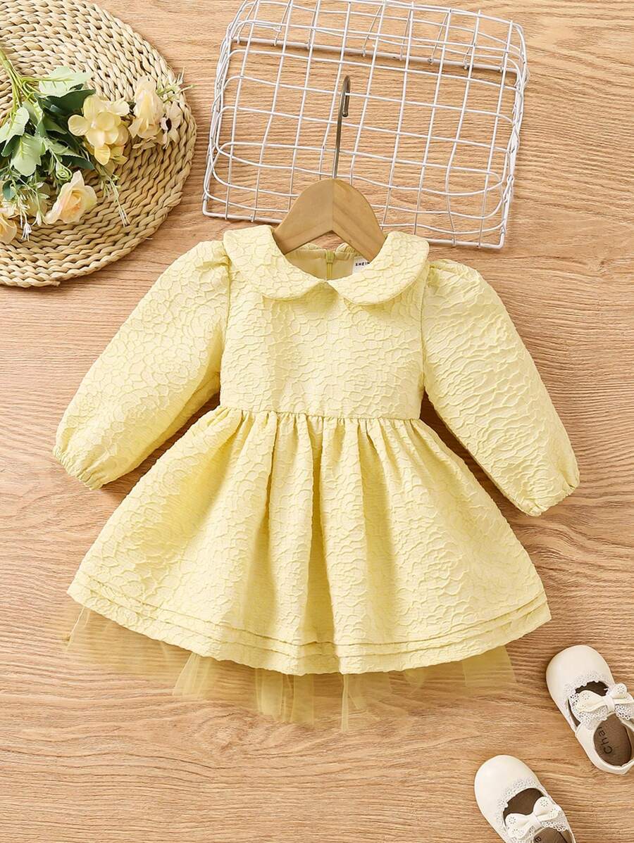 Váy dài tay cổ Peter Pan dễ thương cho bé gái mùa xuân và mùa hè - Màu vàng - Xem 1