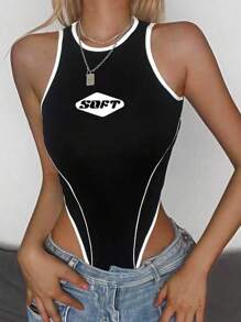 INAWLY Letter Printed Colorblock Trimmed High Cut Bodysuit - Black - View 1