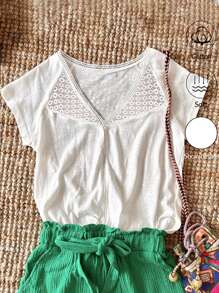 SHEIN Frenchy 女式V領亞麻和混紡網眼蕾絲T卹 - 白色 - 查看 3