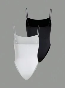 SHEIN EZwear Bộ đồ liền thân có dây đeo spaghetti hai màu cơ bản mùa hè màu trơn - Đen và trắng - Xem 2