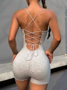SHEIN EZwear Ladies' Solid Backless Ribbed Cami Unitard For Summer - Grey - View 2