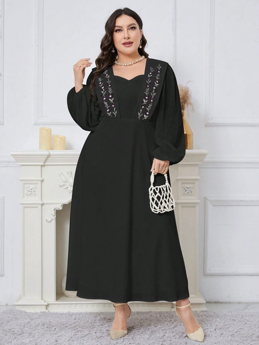 Modelyn Plus Size Women's Sweetheart Neck Lantern Sleeve Floral Printed Long Elegant Dress For Spring/Summer Long Evening Dresses - Black - View 1