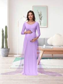 Maternity Long Sleeve Floor-Mounting Mesh Dress For Photoshoot Baby Shower