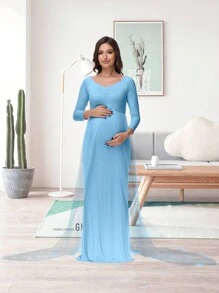 JustVH 孕妇长袖及地网纱连衣裙，适合宝宝拍照和迎婴派对等场合 - 淺藍色 - 查看 5