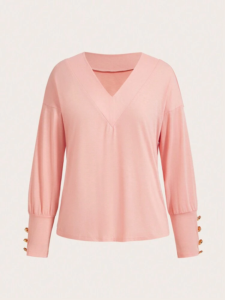 Pink Casual V-Neck Wide Hem Women T-Shirt