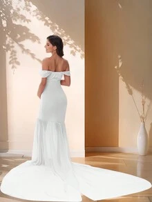 露肩美人鱼下摆孕妇装，适合拍摄照片 - 白色 - 查看 2