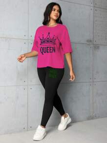 Ensemble de 2 pièces avec T-shirt à manches courtes imprimé couronne et lettres, et leggings. Mode polyvalente, printemps/été - Rose vif - Voir 6