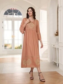 Elegant Arabic Dress With Heavy Gold Embroidery, JALABIA Round Neck With Patchwork Ruffle Mid-Sleeves, Traditional Design, Spring/Summer 2025, RAMADAN, Eid Al Adha - Brown - View 4