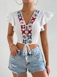 Breezaya 女士時尚修身短袖V領綁帶前扣上衣，夏季必備款 - 白色 - 查看 3