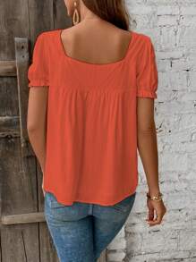 Breezaya Women's Summer Plant Embroidery Square Neck Short Puff Sleeve Loose Blouse - Orange - View 2