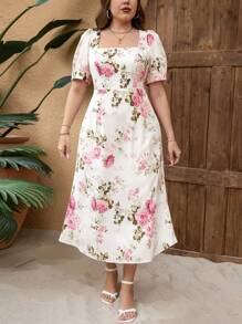 SHEIN Privé Plus Size Women Apricot Base Floral Print Short Sleeve Square Collar Cinched Waist Fishtail Hem Dress, Suitable For Daily Wear, Shopping, Outing, Date - Baby Pink - View 6