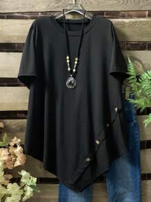 Fashionable Solid Color Loose Short Sleeve T-Shirt For Plus Size Women - Black - View 1