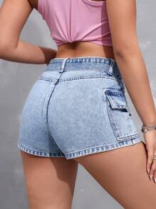 SHEIN EZwear Women's Slim Fit Mini Denim Shorts With Cargo Pockets, Summer