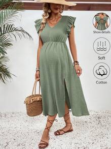SHEIN Maternity Vacation Casual Solid Color Ruffle Edge High Waist Split Dress