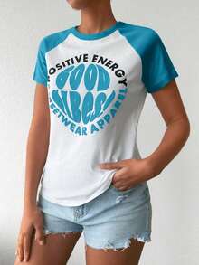 Cottnline Camiseta con estampado de letra de manga raglán