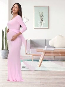 JustVH Robe longue de maternité à manches longues en maille, convenant pour les séances photo de bébé et les fêtes de baby shower, rose printemps - Rose bonbon - Voir 8