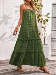 Breezaya Vestido largo de tirantes finos con pompones y detalles de unión de bambú para mujer, para primavera/verano - Verde militar - Ver 6