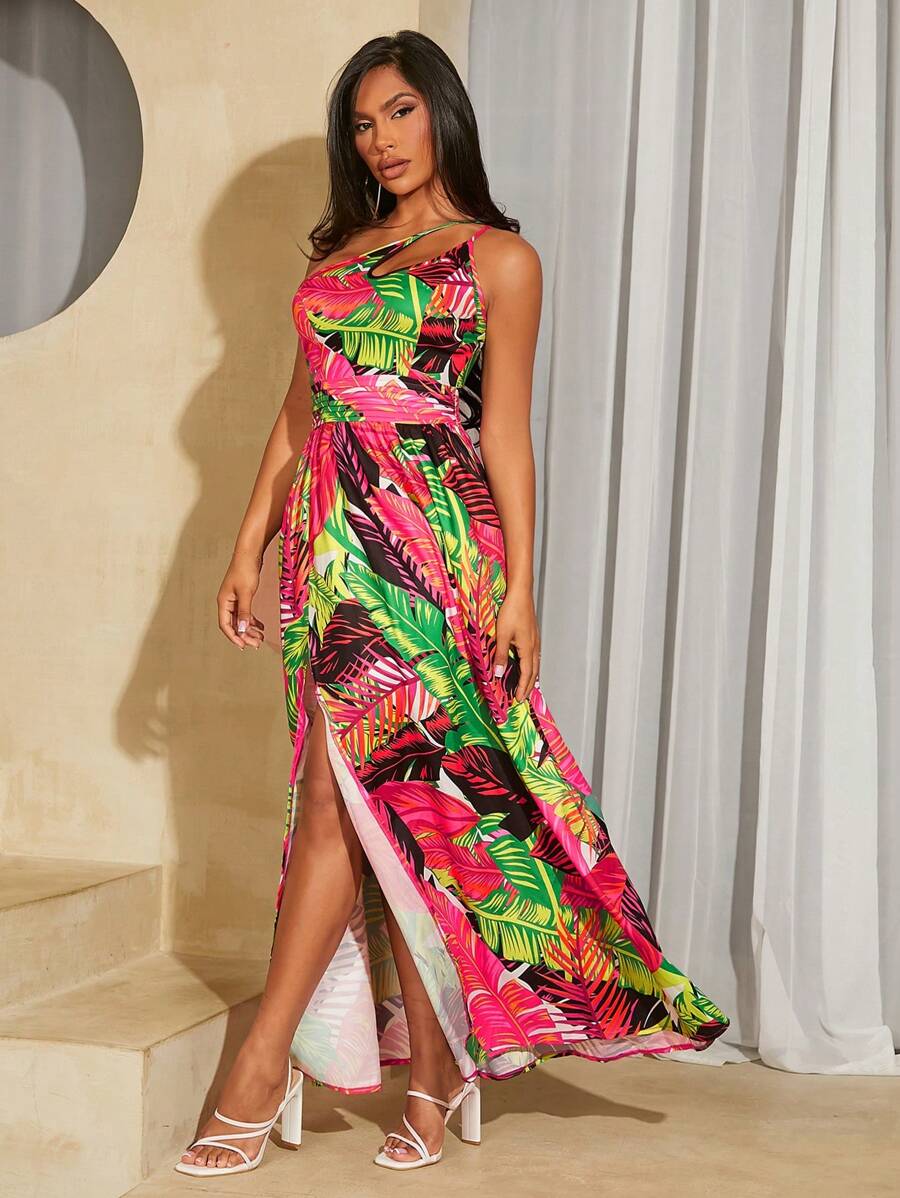 SHEIN SXY Women's Summer Tropical Print One Shoulder High Slit Dress For Vacation - Multicolor - View 1