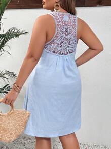 SHEIN VCAY Plus-Size Spring/Summer Vacation Back Hollowed-Out Neckline Fabric Dress - Baby Blue - View 1
