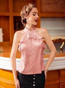 SHEIN DECDS Blusa vintage de mujer con cuello halter y detalles de volantes cortos, ropa de verano, tops lindos, trajes sexys y para salir - Rosa - Ver 5