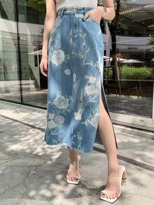 DAZY Váy denim xẻ tà bên hông in hoa thông thường mùa hè dành cho nữ - Rửa nhẹ - Xem 6